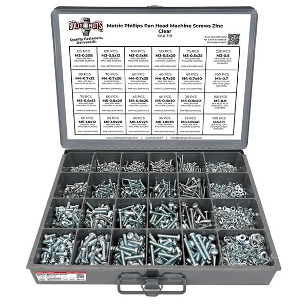 Boltsandnuts.Com Metric Phillips Pan Head Machine Screws, Nuts, Flat & Lock Washers Zinc - 3371 PCS Assortment Kit #319 - main